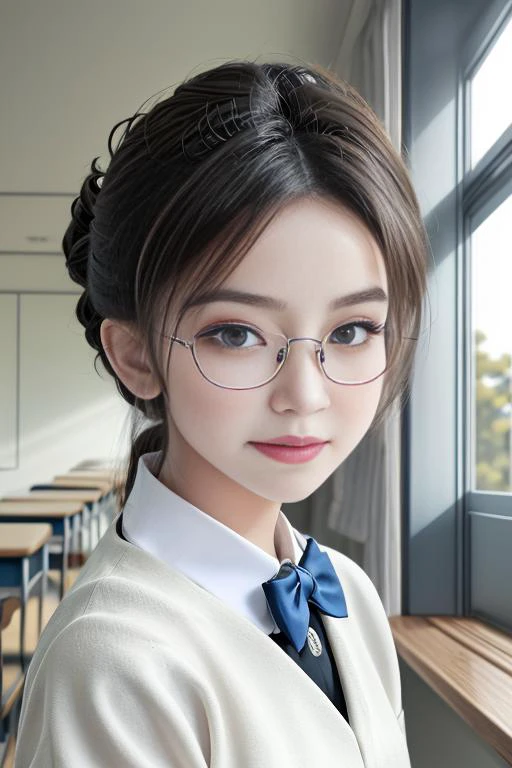 masterpiece,best quality,highres,,8K,
hyper realistic,lifelike texture,dramatic lighting,Nikon RAW photo,8k,Fujifilm XT3,masterpiece,best quality,realistic,ultra detailed,extremely detailed face,,
1girl,(beautiful face),(beautiful eyes),[blue|brown:0.8] eyes,Updo haircut,floating hair,,
,(framed eyewear),cutie,(smile:0.8),,
in the classroom,The sun shines in through the window,indoors,,
(student uniform:1.2),(white uniform:0.8),white pantyhose,<lora:40D_vertical_stripe_white_pantyhose:1>,,ulzzang-6500-v1.1,