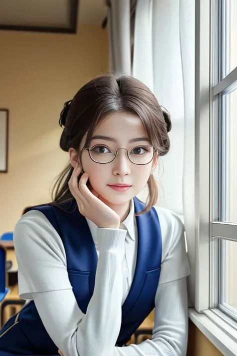 masterpiece,best quality,highres,,8K,
hyper realistic,lifelike texture,dramatic lighting,Nikon RAW photo,8k,Fujifilm XT3,masterpiece,best quality,realistic,ultra detailed,extremely detailed face,,
1girl,(beautiful face),(beautiful eyes),[blue|brown:0.8] eyes,Updo haircut,floating hair,,
,(framed eyewear),cutie,(smile:0.8),,
in the classroom,The sun shines in through the window,indoors,,
(student uniform:1.2),(white uniform:0.8),white pantyhose,<lora:40D_vertical_stripe_white_pantyhose:1>,,ulzzang-6500-v1.1,