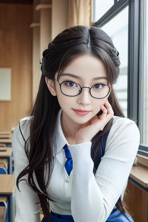 masterpiece,best quality,highres,,8K,
hyper realistic,lifelike texture,dramatic lighting,Nikon RAW photo,8k,Fujifilm XT3,masterpiece,best quality,realistic,ultra detailed,extremely detailed face,,
1girl,(beautiful face),(beautiful eyes),[blue|brown:0.8] eyes,Updo haircut,floating hair,,
,(framed eyewear),cutie,(smile:0.8),,
in the classroom,The sun shines in through the window,indoors,,
(student uniform:1.2),(white uniform:0.8),white pantyhose,<lora:40D_vertical_stripe_white_pantyhose:1>,,ulzzang-6500-v1.1,
