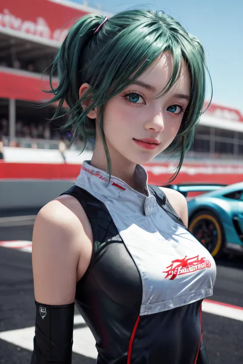 1girl,upper body,(masterpiece, best quality),RAW photo,16k wallpaper,extremely detailed CG,amazing,ultra detailed,hyperrealistic,official art,High quality texture,incredibly absurdres,highres,16 years old,cute girl,beautiful face,detailed large green eyes,short hair,<lora:hatsunemiku1:1>,racing2014,looking_at_viewer,<lora:add_detail:0.5>,standing,outdoors,smile,day,simple background,blue sky,sky,racing circuit,close-up,racing car,