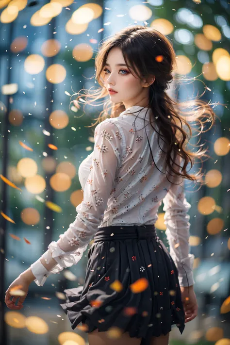 masterpiece, best quality, 1girl, looking away, school uniform, pantyhose, cowboy shot, bokeh, <lora:glowingdust:0.7>