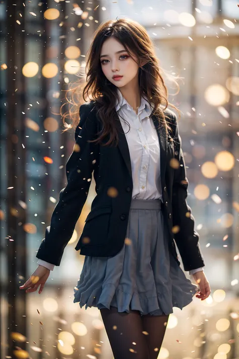 masterpiece, best quality, 1girl, looking away, school uniform, pantyhose, cowboy shot, bokeh, <lora:glowingdust:0.7>