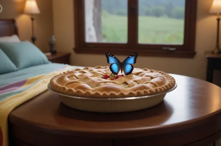 cinematic film still reality, detailed
table in bed, ornaments fleece cover,
apple pie, butterfly on it rainbow colored, . shallow depth of field, vignette, highly detailed, high budget, bokeh, cinemascope, moody, epic, gorgeous, film grain, grainy