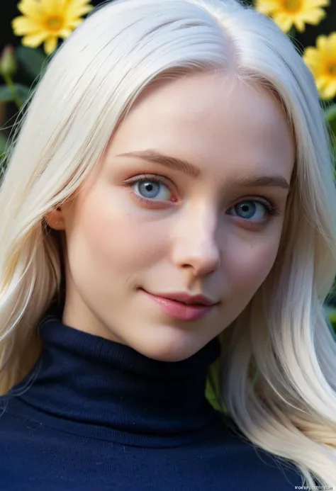 award winning photo macro shot of a beautiful albino young woman lying in a majestic yellow flowerbed, white hair, dynamic lighting, cinematic still, pale skin, screencap, skin texture, contemplative, smirk, piercing blue eyes, extremely long hair, sleek hair, portrait, dynamic pose, (blue turtleneck), 100mm f/2.8 macro lens,