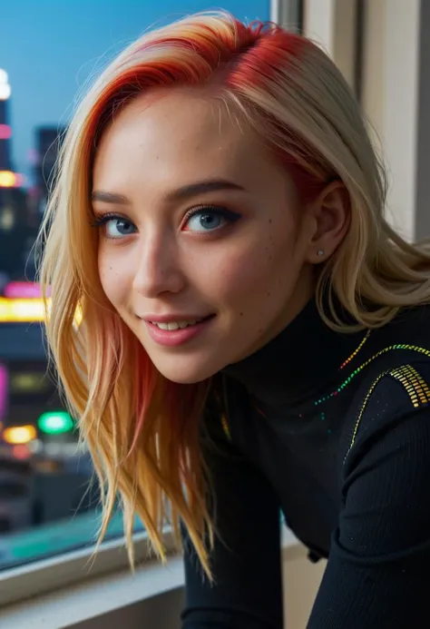(macro) glamour shot of a beautiful asian young woman wearing a turtleneck bending forward to the viewer in front of a (window:1.3) overlooking (cyberpunk city) at night, bokeh, neon, cyberpunk, dark, low light, low key, multicolored hair, hair highlights, red and blonde hair, dynamic lighting, cinematic still, freckles, dark skin, movie screencap, smile, smirk, piercing blue eyes, extremely long hair, sleek hair, portrait, dynamic pose,, 100mm f/2.8 macro lens, dynamic pose, pov, portrait, close-up