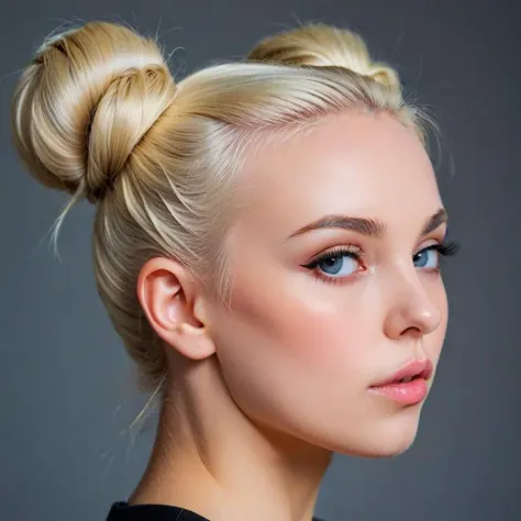 Abstract style forced woman , juicy lips , portrait++, frontal [side] view , perfect eyes, looking at viewer, 
platinum blonde hair, side double bun,  . Non-representational, colors and shapes, expression of feelings, imaginative, highly detailed