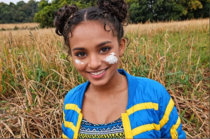 Tribal style nubian queen,
young woman in outdoor festival, india, wearing intrinsic ripped cotton jacket 
smile to viewer, curly dress hairbuns
vibrant powder in face yellow, blue black on face  . Indigenous, ethnic, traditional patterns, bold, natural colors, highly detailed