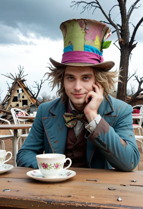 In this scene, the Mad Hatter from "Alice in Wonderland" is depicted in a state of disarray. His colorful, mismatched attire is tattered and dirty, and his iconic hat is worn and frayed. He sits at a table set for a tea party, but the cups and saucers are cracked and chipped, and the teapot is rusted and dented. The background shows a post-apocalyptic landscape, with crumbling buildings and twisted, dead trees. The sky is a dull, ashen color, with no sign of life or hope. Despite the bleakness of his surroundings, the Mad Hatter wears a wistful smile, as if reminiscing about better days long gone