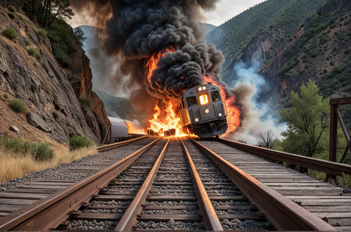 Advertising poster style horror photo realistic detailed.
train falling from wooden bridge into valley, burning carrier .
accident, horror, dramatic scene
. Professional, modern, product-focused, commercial, eye-catching, highly detailed