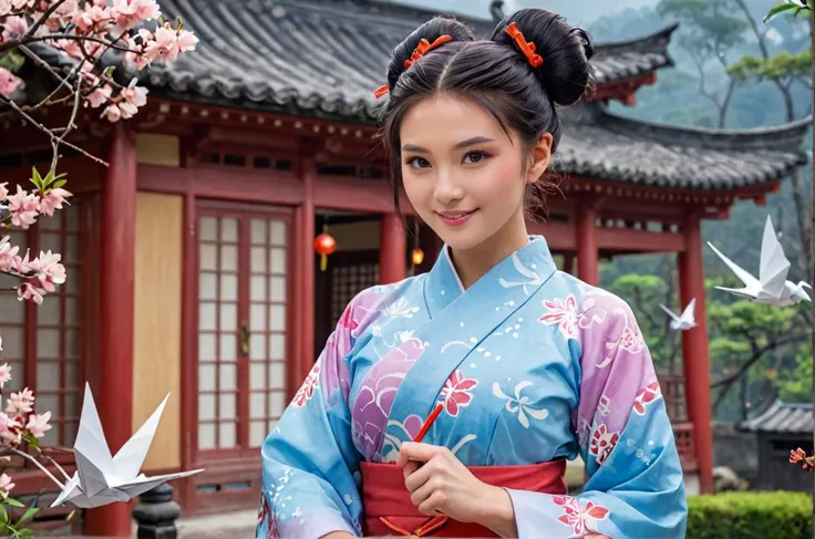 ethereal fantasy concept art of young concubine in china wearing intrinsic geisha dress
smile to viewer, sidebuns,
wonder full paper house with origami pattern . magnificent, celestial, ethereal, painterly, epic, majestic, magical, fantasy art, cover art, dreamy
