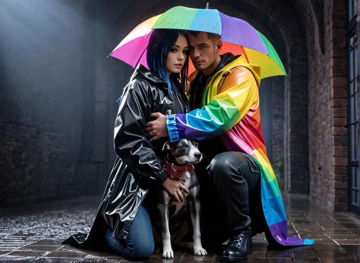 professional 3d model Gothic style couple hugging dog , wearing raincoat(rainbow mika, )
. octane render, highly detailed, volumetric, dramatic lighting