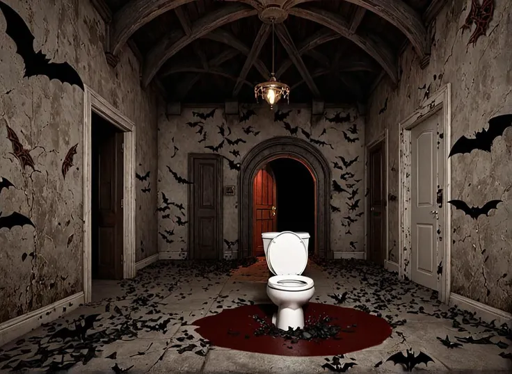 professional 3d model porn cinema \(style\), style, queen on toilet of rotten broken castle, greetings, no audience,
wide shot, detailed house, broken entrance in floor ground, bats flying under the ceiling,
. octane render, highly detailed, volumetric, dramatic lighting