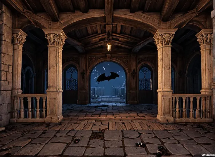 professional 3d model gustav gustav klimt \(style\), style, queen and king on balcony of rotten broken castlevania \(series\), greetings, no audience,
wide shot, detailed house, broken entrance in floor ground, bats flying under the ceiling,
. octane render, highly detailed, volumetric, dramatic lighting