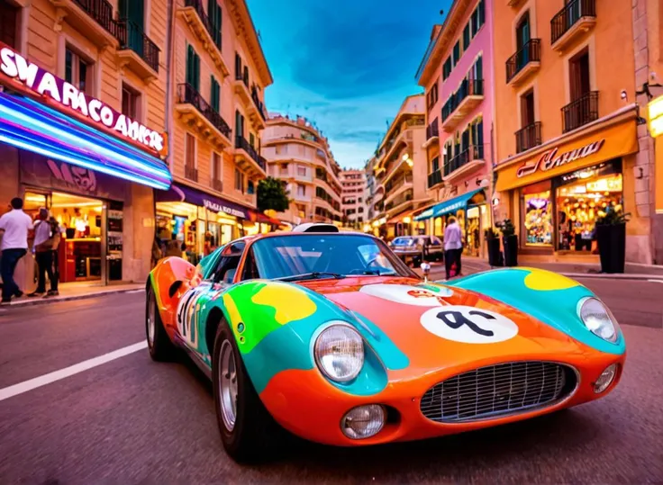 Psychedelic style photo, cinema style, retro car, modern racer, monaco, small racing streets, smoking wheel, . Vibrant colors, swirling patterns, abstract forms, surreal, trippy