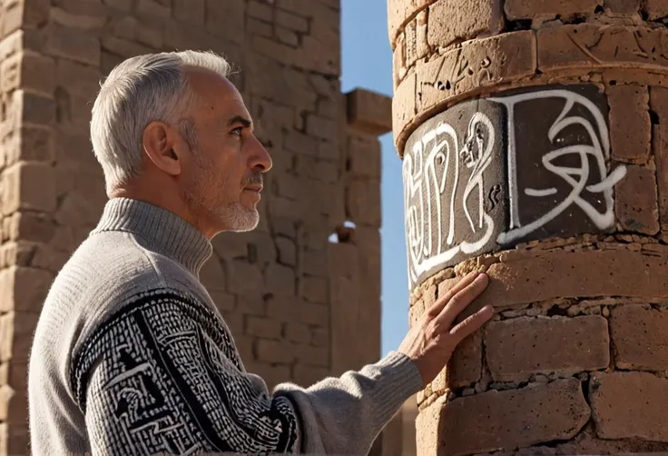 professional 3d model older male priest on arabian religious tower,
earring of silver one sided
wearing aran sweater,
from side,
tower is full of graffiti,
. octane render, highly detailed, volumetric, dramatic lighting