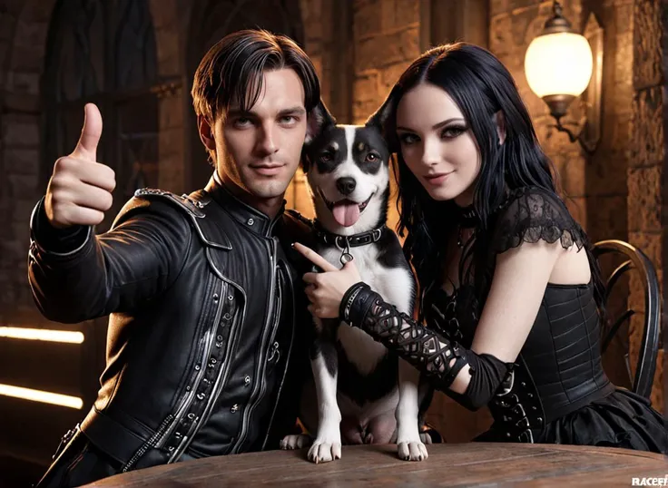 professional 3d model Gothic style couple hugging dog , showing thumbs up, up
. octane render, highly detailed, volumetric, dramatic lighting
