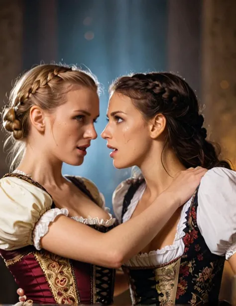 cinematic photo [Two women in dirndls, tearing at each other's clothing, in the style of Renaissance art, with intricate patterns, dramatic lighting, and realistic anatomy]
  . 35mm photograph, film, bokeh, professional, 4k, highly detailed