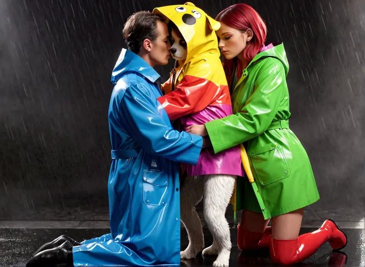 professional 3d model gustav mahler style, couple hugging dog , wearing raincoat(rainbow mika, )
. octane render, highly detailed, volumetric, dramatic lighting
