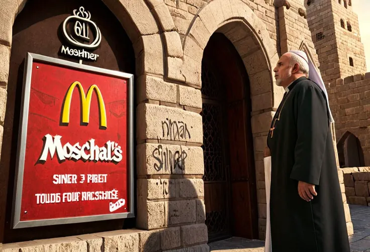 professional 3d model older male priest on arabian religious moschee
entrance to old moschee, above sign of mcdonalds
wearing aran sweater,
from side,
tower is full of graffiti,
<lora:Harrlogos_v1.1:1>logo "Sinner" on wall . octane render, highly detailed, volumetric, dramatic lighting