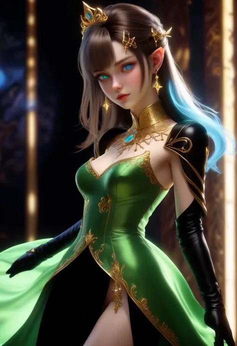 (score_9, score_8_up:1.1), score_7_ up, highly detailed, zPDXL, 1 girl, slender, petite , small breasts, Tempestcaller elven cleric, divine storms, long brown hair tied back in an elegant updo, piercing blue eyes, flowing green and yellow robes embroidered with celestial symbols and gold accents, carrying a holy symbol imbued with divine magic., she wear Gold silk dress with silver accents and embroidery, black leather gloves with fingerless design, matching high-heeled boots with spiky heels , dancing on the midnight, artistic, color splash, neon lights, neon colors, glitter
detialed background
, masterpeice, detailed, intricated details, 8k, ultraclear , wide angle, detailed scene, detailed faces, perfect quality, tranding on artstation, incredible details , Painstaking Attention To Details ,