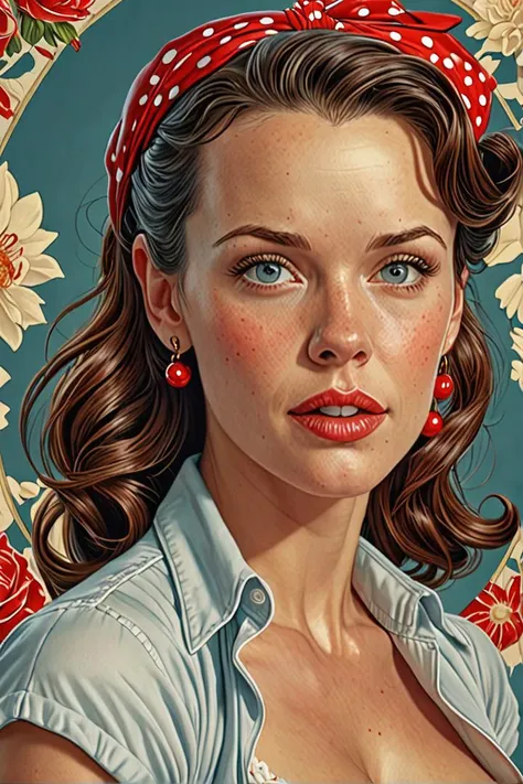 by james jean and norman rockwell, (realistic pin up illustration: 1.4), (hdr: 1.21), 4k, masterpiece, (high quality: 1.2), (detailed face: 1.2), (detailed eyes: 1.3), Jennifer Garner