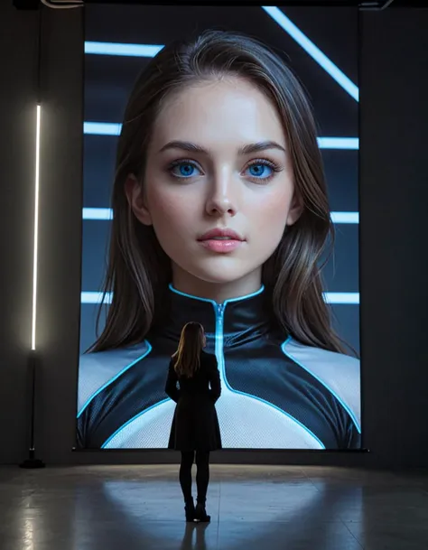 A man stands observing a massive holographic projection of a woman's face and upper body in a futuristic setting. The hologram emits a cool blue light, casting a serene glow over the spacious, minimally designed room. The woman's expression is contemplative.The man, dressed in a dark coat, appears reflective, possibly captivated or searching for meaning in the artwork. The space suggests a gallery or an installation where technology merges with art to create immersive experiences.Masterpiece,best quality,hi res,8k,hi res,8k,award winning,(sharp focus, intricate, highly detailed), <lora:extremely_detailed:0.8> extremely detailed