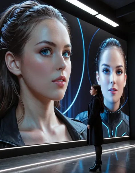 A man stands observing a massive holographic projection of a woman's face and upper body in a futuristic setting. The hologram emits a cool blue light, casting a serene glow over the spacious, minimally designed room. The woman's expression is contemplative.The man, dressed in a dark coat, appears reflective, possibly captivated or searching for meaning in the artwork. The space suggests a gallery or an installation where technology merges with art to create immersive experiences.Masterpiece,best quality,hi res,8k,hi res,8k,award winning,(sharp focus, intricate, highly detailed), <lora:extremely_detailed:0.8> extremely detailed