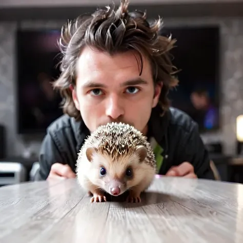 1man, 3d, blur censor, blurry, blurry background, blurry foreground, bokeh, chromatic aberration, depth of field, film grain, focused, greyscale, motion blur, photo \(medium\), photo background, pov, unconventional media, hedgehog hairstyle, future alter ego, man