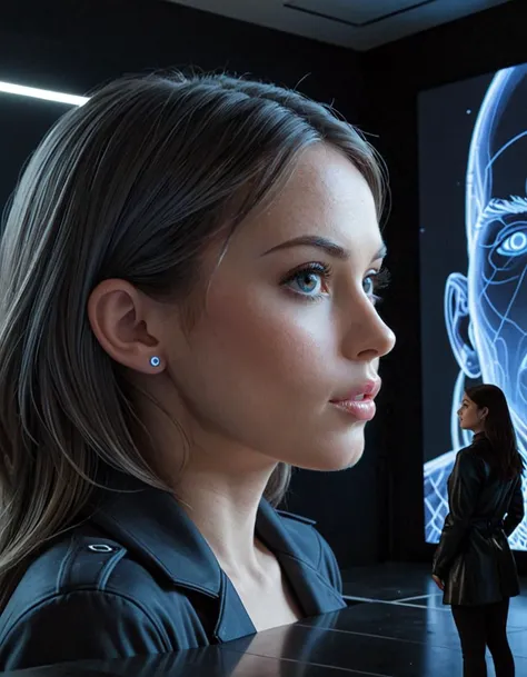 A man stands observing a massive holographic projection of a woman's face and upper body in a futuristic setting. The hologram emits a cool blue light, casting a serene glow over the spacious, minimally designed room. The woman's expression is contemplative.The man, dressed in a dark coat, appears reflective, possibly captivated or searching for meaning in the artwork. The space suggests a gallery or an installation where technology merges with art to create immersive experiences.Masterpiece,best quality,hi res,8k,hi res,8k,award winning,(sharp focus, intricate, highly detailed), <lora:extremely_detailed:0.8> extremely detailed