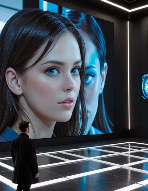 A man stands observing a massive holographic projection of a woman's face and upper body in a futuristic setting. The hologram emits a cool blue light, casting a serene glow over the spacious, minimally designed room. The woman's expression is contemplative.The man, dressed in a dark coat, appears reflective, possibly captivated or searching for meaning in the artwork. The space suggests a gallery or an installation where technology merges with art to create immersive experiences.Masterpiece,best quality,hi res,8k,hi res,8k,award winning,(sharp focus, intricate, highly detailed), <lora:extremely_detailed:0.8> extremely detailed
