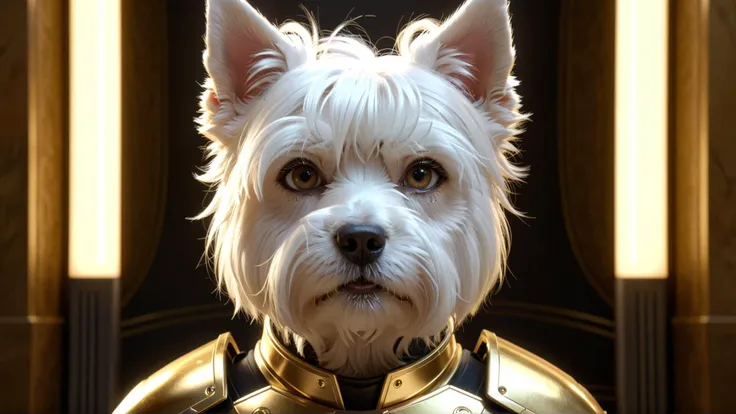 <lora:m4d4mw3bXL:0> cinematic film still of official screencap fine art movie still of a a west highland white terrier sitting politely, anime art style, wearing futuristic, golden armor, portrait, high detail, sharp focus, digital painting, artstation, concept art, art by hayao miyazaki and artgerm and greg rutkowski and alphonse mucha., photorealistic, award winning, professional photograph of a stunning woman detailed, sharp focus, dramatic, award winning, cinematic lighting, volumetrics dtx, award-winning photography, photorealistic, RAW photo, Fujifilm, RED, Blackmagic URSA, shot by Canon Cinema EOS, (Masterpiece:1.3) (best quality:1.2) (high quality:1.1)