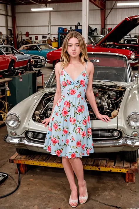 "Sydney Sweeney in a delicate, floral dress surrounded by the stark machinery of her car restoration hobby."