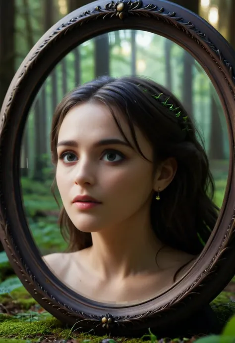 (masterpiece), (best quality), (ultra-detailed), cinematic still turn back time with a magic mirror in a mysterious enchanted forest. . emotional, harmonious, vignette, highly detailed, high budget, bokeh, cinemascope, moody, epic, gorgeous, film grain, grainy, illustration, disheveled hair, detailed eyes, perfect composition, moist skin, intricate details, earrings, by wlop
