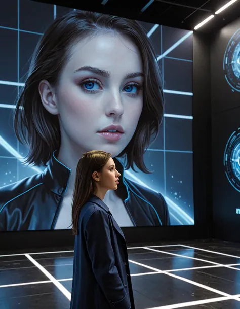 A man stands observing a massive holographic projection of a woman's face and upper body in a futuristic setting. The hologram emits a cool blue light, casting a serene glow over the spacious, minimally designed room. The woman's expression is contemplative.The man, dressed in a dark coat, appears reflective, possibly captivated or searching for meaning in the artwork. The space suggests a gallery or an installation where technology merges with art to create immersive experiences.Masterpiece,best quality,hi res,8k,hi res,8k,award winning,(sharp focus, intricate, highly detailed), <lora:extremely_detailed:0.8> extremely detailed