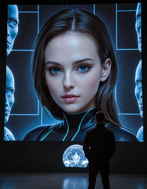 A man stands observing a massive holographic projection of a woman's face and upper body in a futuristic setting. The hologram emits a cool blue light, casting a serene glow over the spacious, minimally designed room. The woman's expression is contemplative.The man, dressed in a dark coat, appears reflective, possibly captivated or searching for meaning in the artwork. The space suggests a gallery or an installation where technology merges with art to create immersive experiences.Masterpiece,best quality,hi res,8k,hi res,8k,award winning,(sharp focus, intricate, highly detailed), <lora:extremely_detailed:0.8> extremely detailed