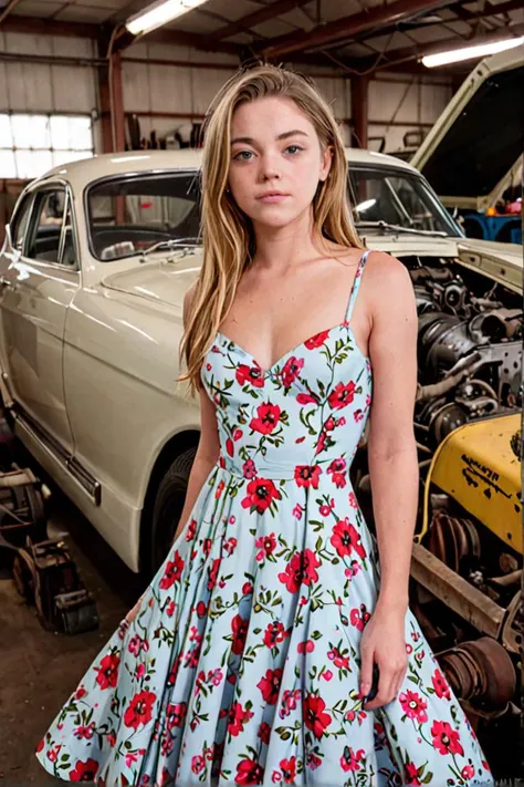 "Sydney Sweeney in a delicate, floral dress surrounded by the stark machinery of her car restoration hobby."