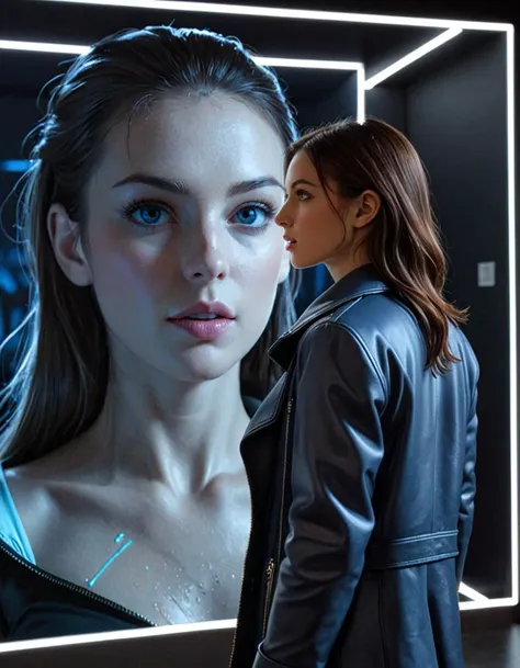 A man stands observing a massive holographic projection of a woman's face and upper body in a futuristic setting. The hologram emits a cool blue light, casting a serene glow over the spacious, minimally designed room. The woman's expression is contemplative.The man, dressed in a dark coat, appears reflective, possibly captivated or searching for meaning in the artwork. The space suggests a gallery or an installation where technology merges with art to create immersive experiences.Masterpiece,best quality,hi res,8k,hi res,8k,award winning,(sharp focus, intricate, highly detailed), <lora:extremely_detailed:0.8> extremely detailed