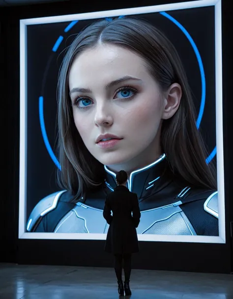 A man stands observing a massive holographic projection of a woman's face and upper body in a futuristic setting. The hologram emits a cool blue light, casting a serene glow over the spacious, minimally designed room. The woman's expression is contemplative.The man, dressed in a dark coat, appears reflective, possibly captivated or searching for meaning in the artwork. The space suggests a gallery or an installation where technology merges with art to create immersive experiences.Masterpiece,best quality,hi res,8k,hi res,8k,award winning,(sharp focus, intricate, highly detailed), <lora:extremely_detailed:0.8> extremely detailed