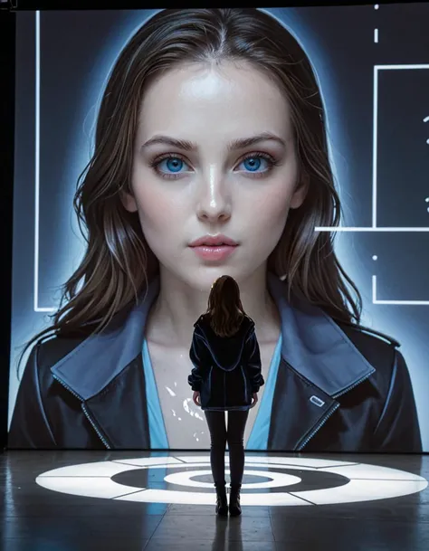 A man stands observing a massive holographic projection of a woman's face and upper body in a futuristic setting. The hologram emits a cool blue light, casting a serene glow over the spacious, minimally designed room. The woman's expression is contemplative.The man, dressed in a dark coat, appears reflective, possibly captivated or searching for meaning in the artwork. The space suggests a gallery or an installation where technology merges with art to create immersive experiences.Masterpiece,best quality,hi res,8k,hi res,8k,award winning,(sharp focus, intricate, highly detailed), <lora:extremely_detailed:0.8> extremely detailed