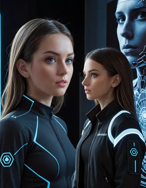A man stands observing a massive holographic projection of a woman's face and upper body in a futuristic setting. The hologram emits a cool blue light, casting a serene glow over the spacious, minimally designed room. The woman's expression is contemplative.The man, dressed in a dark coat, appears reflective, possibly captivated or searching for meaning in the artwork. The space suggests a gallery or an installation where technology merges with art to create immersive experiences.Masterpiece,best quality,hi res,8k,hi res,8k,award winning,(sharp focus, intricate, highly detailed), <lora:extremely_detailed:0.8> extremely detailed