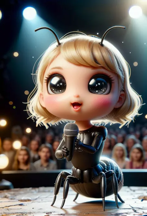 A ral-smolinzect depiction of an adorable spider with the head of taylor swift, blonde hair, abomination, holding a mic, singing on a stage at concert, people background
