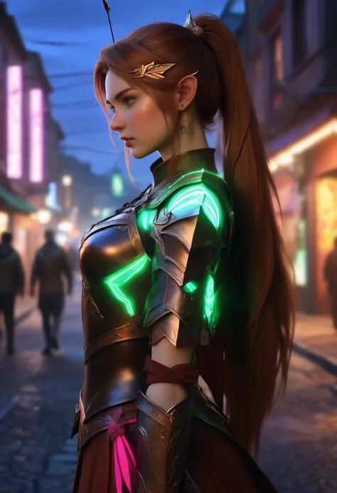 (score_9, score_8_up:1.1), score_7_ up, highly detailed, zPDXL, 1 girl, slender, petite , small breasts, Elven archer, lithe build, long flowing brown hair tied back in a ponytail, sharp green eyes that seem to pierce through the heart, leather armor with metal plating, bow and quiver of arrows slung over her shoulder., she wear Ratcatcher's garb, cleaning streets, preventing diseases, persistent, dangerous profession. , innocent , artistic, color splash, neon lights, neon colors, glitter
detialed background
, masterpeice, detailed, intricated details, 8k, ultraclear , wide angle, detailed scene, detailed faces, perfect quality, tranding on artstation, incredible details , Painstaking Attention To Details ,