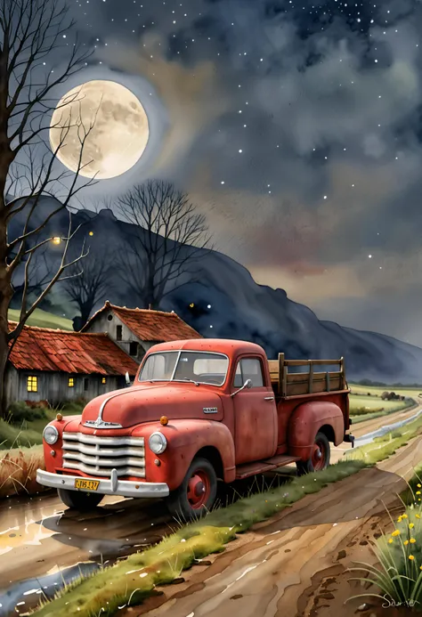 (watercolour landscape style:1.2), breathtaking shot of an abandoned rusty pickup truck at a magic lost highway at midnight, moonlight, soft, dreamy, dusty, spoky atmosphere, beautiful ((dark) red:1.2) colours with a tiny piece of yellow, depth of field, masterpiece of art, highest quality, 32k, intricate details, <lora:sdxl_style_watercolour landscape style_ep05>