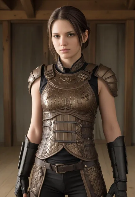 score_9, score_8_up, score_7_up, score_6_up, score_5_up, score_4_up, rating_explicit, 1girl, (Claire Redfield (Resident Evil):1.4), (samurai wearing a samurai armor, Bronze chest protector with dragon scale texture, linen monpe trousers, metal kabuto helmet with coiling dragon crest, lacquered leather boots:1.4), amazing quality, very aesthetic, absurdres, intricate details, 8k.