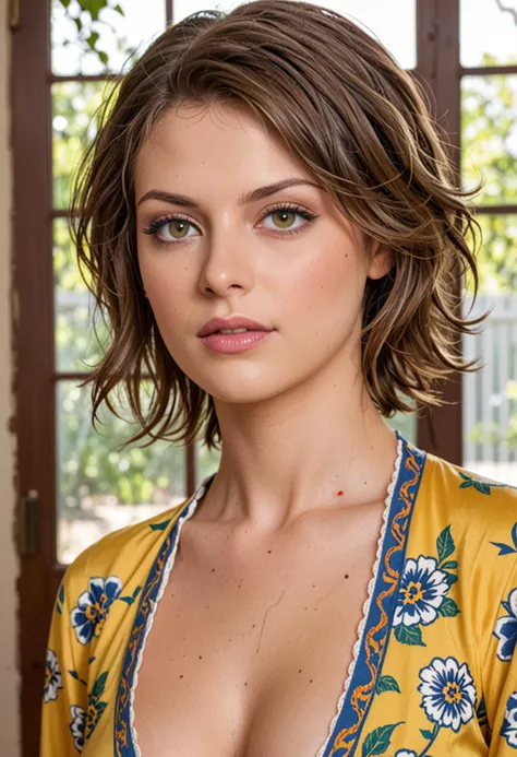 Modelshoot (Candid 1.3) photo of a vivacious 28-year-old supermodel, (Bela Dimitrescu (Resident Evil):1.4), fullbody view, Striking eyes, voluminous wavy hair, coy expression, lipgloss, wearing intricately detailed Yellow Kimono, looking at viewer, (upper body shot:1.5) Natural lighting, shot using a Leica T in the style of (Daniel Jackson:1.3) High detail, intricate, detailed face, detailed eyes, detailed skin, Shallow Depth of Field, Rustic Background,