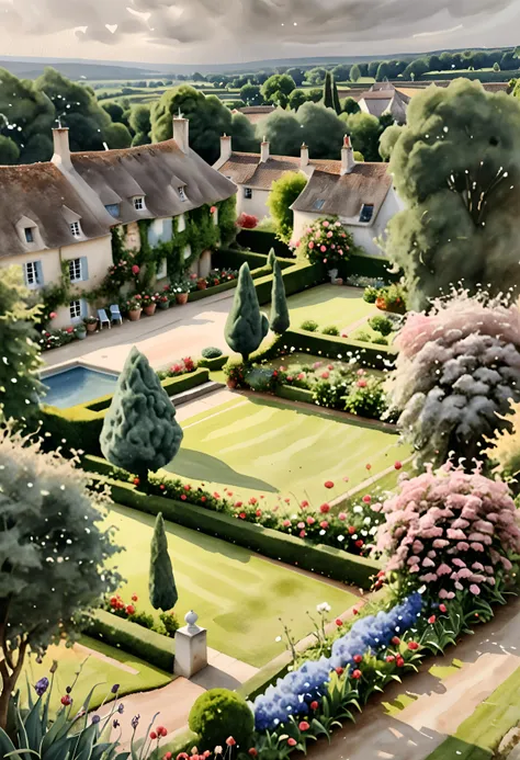 (watercolour landscape style:1.2), aerial photography of a magic french garden, soft, dreamy, moody, dusty, late afternoon atmosphere, amazing summer colours, depth of field, masterpiece of art, highest quality, 32k, intricate details, <lora:sdxl_style_watercolour landscape style_ep05>