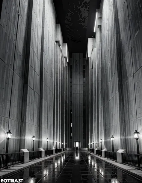 horror-themed Wide angle digital illustration, (Modern very tall building in brutalist style touching the sky:1.3), Vertical lines facade, Recessed rectangular windows, (Black and white contrast:1.2), Symmetrical streetlights, Antenna-like design, (Small human silhouettes:1.3), Grand entrance, Open plaza, Dark background, (Ghost portal in sky:1.3), Soft front lighting, White reflections, Stark atmosphere, Inspired by 33 Thomas rendering.
Masterpiece,best quality,hi res,8k,hi res,8k,award winning,(sharp focus, intricate, highly detailed), <lora:Brutalism:1> Brutalism <lora:EdobHorrorLandscape_XL_v1.0:1> EdobHorrorLandscape, eerie, unsettling, dark, spooky, suspenseful, grim, highly detailed