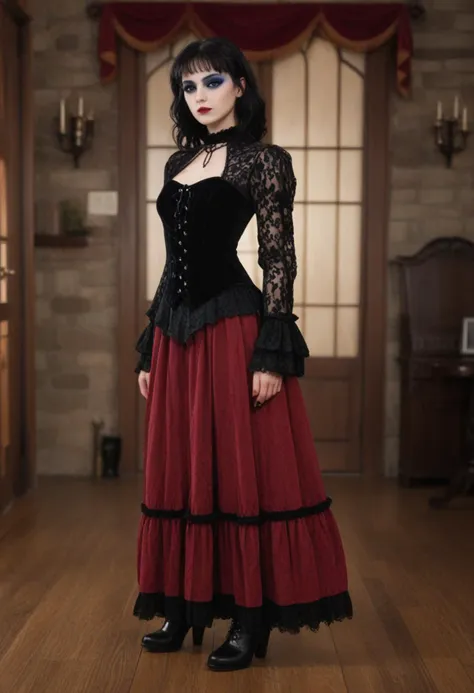 score_9, score_8_up, score_7_up, score_6_up, score_5_up, score_4_up, rating_questionable, 1girl, (Faye Valentine (Cowboy Bebop):1.4), (gothic maiden wearing Victorian-inspired gown in deep crimson velvet, lace-trimmed sleeves, floor-length skirt, fishnet stockings, black lace-up boots, Dark blue lipstick, bold navy blue and black eyeshadow, intricate eyeliner design, pale skin, dark nail polish with blue shimmer:1.4), amazing quality, very aesthetic, absurdres, intricate details, 8k.