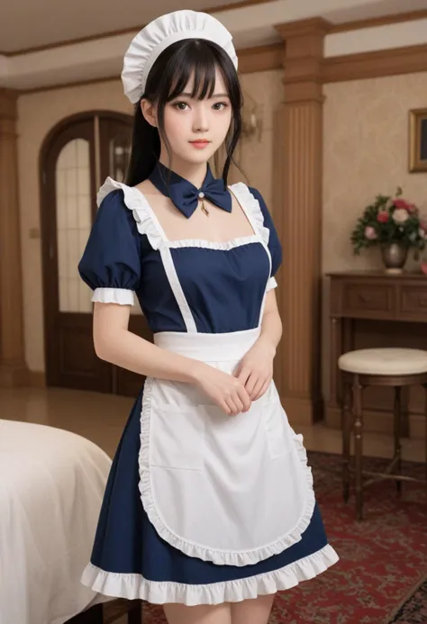 score_9, score_8_up, score_7_up, score_6_up, score_5_up, score_4_up, rating_safe, 1girl, (ganyu (genshin impact):1.4), (maid wearing a simple dark blue (maid dress:1.2), ornate white apron, (stockings:1.1), maid frilly cap, stiletto heels:1.4), amazing quality, very aesthetic, absurdres, intricate details, 8k.