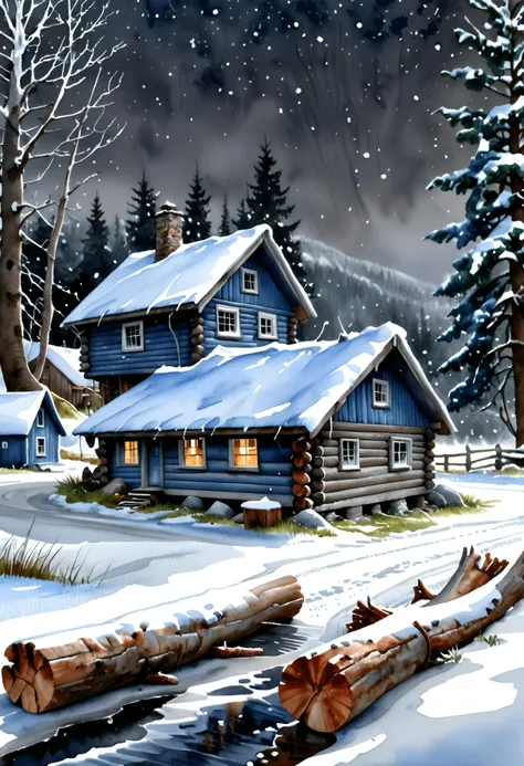 (watercolour landscape style:1.2), breathtaking oil painting of a rotten old log cabin at the roadside in Alaska in winter, lots of snow, snowing, (amazing (dark blue) and white colors:1.2), depth of field, masterpiece of art, highest quality, 32k, intricate details, <lora:sdxl_style_watercolour landscape style_ep05>